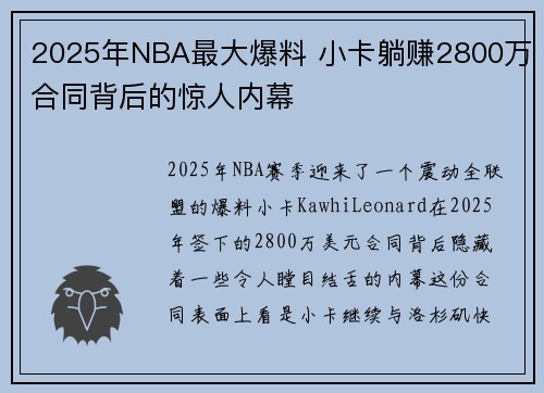 2025年NBA最大爆料 小卡躺赚2800万合同背后的惊人内幕